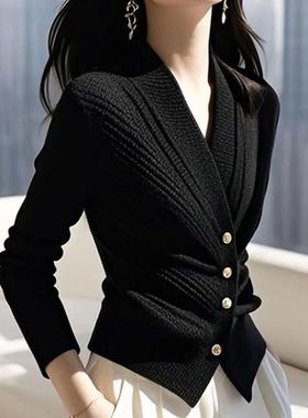 黑色V领羊绒针织毛衣女士秋冬新款法式高级感气质超好看开衫上衣