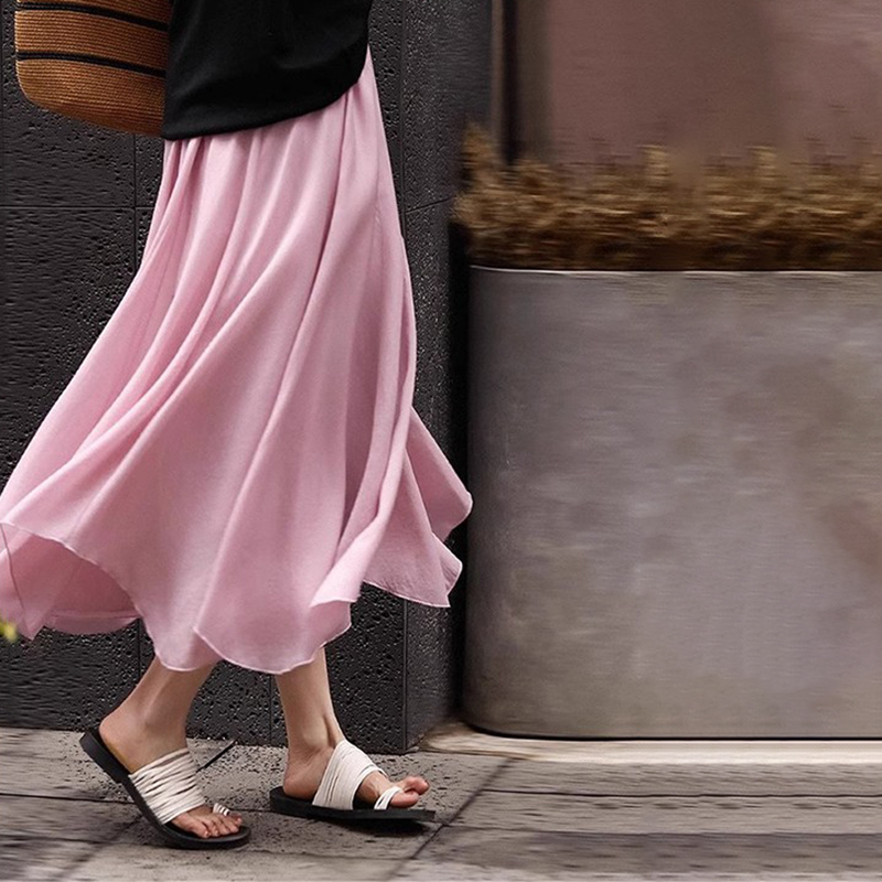 法式粉色时尚百搭半身裙女中长款真丝裙遮肉显瘦气质桑蚕丝A字裙