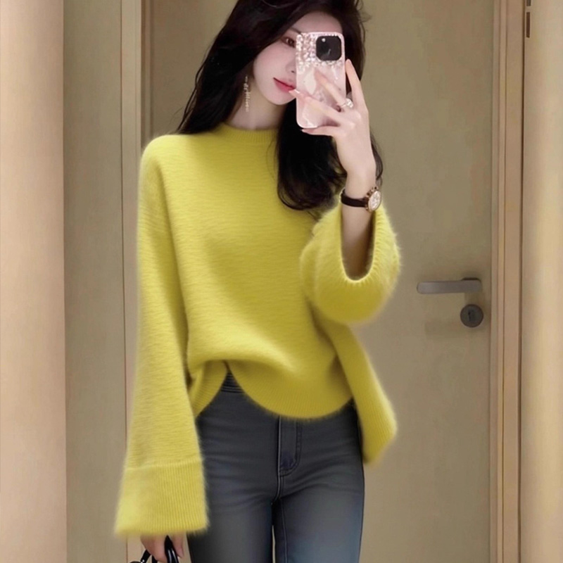 黄绿色软糯羊绒毛衣女秋冬慵懒宽松高级感气质小香风套头针织上衣