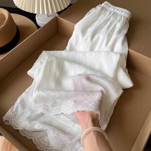 真丝刺绣阔腿裤女士夏季新款宽松时尚桑蚕丝薄款直筒蕾丝花边裤子