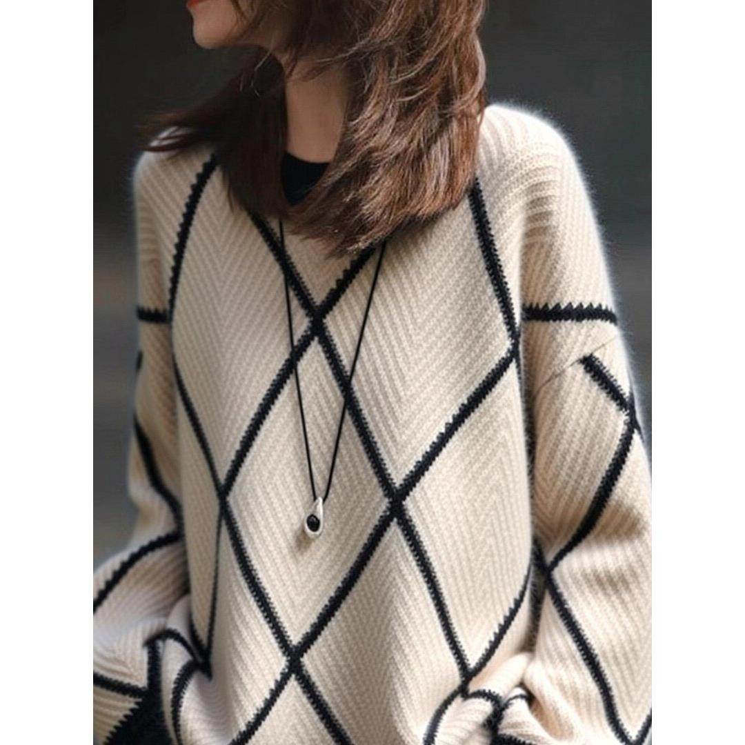 羊绒2025冬款百搭女款长袖拼色圆领衫毛衣菱形设计感时尚洋气百搭,女装/女士精品,羊绒衫,淘宝优惠券,粉丝福利购,淘宝优惠卷
