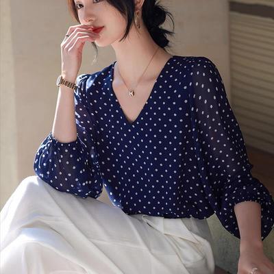 灯笼袖真丝女夏季新款气质上衣宽松桑蚕丝百搭减龄波点T恤V领小衫
