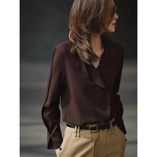 桑蚕丝不对称长袖V领衬衫女春秋新款气质荷叶边打底衬衣真丝上衣