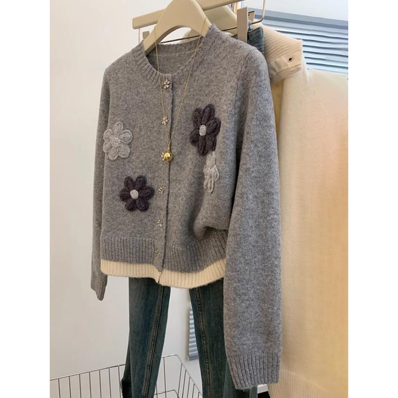 羊绒针织软糯开衫外套女秋冬季短款宽松刺绣慵懒风小个子羊毛上衣