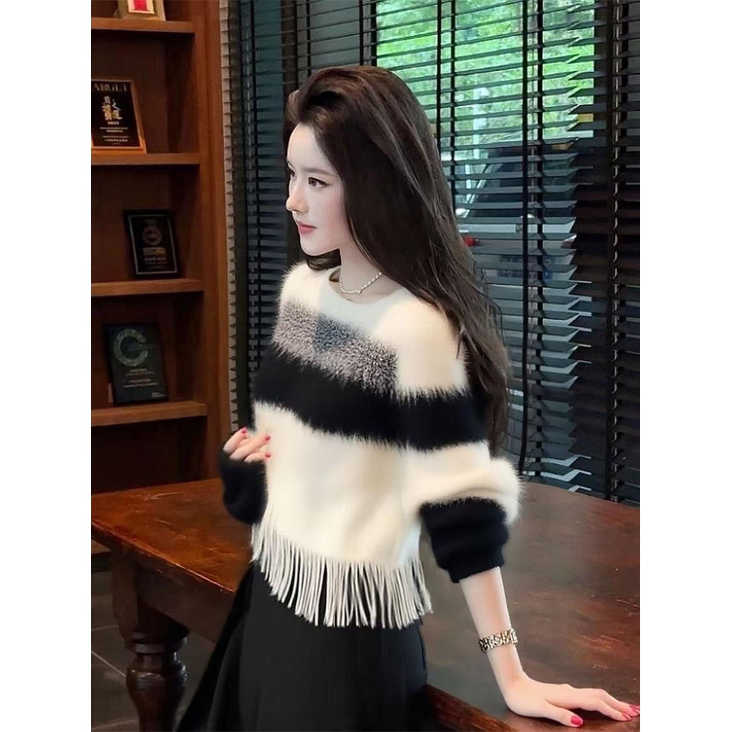 软糯羊绒撞色条纹流苏毛衣女秋冬新款圆领百搭宽松针织衫打底上衣