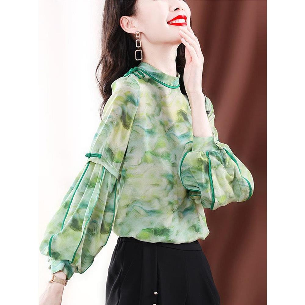 新中式真丝衬衫女士春秋高级感质别致长袖印花盘扣上衣高端气衬衣