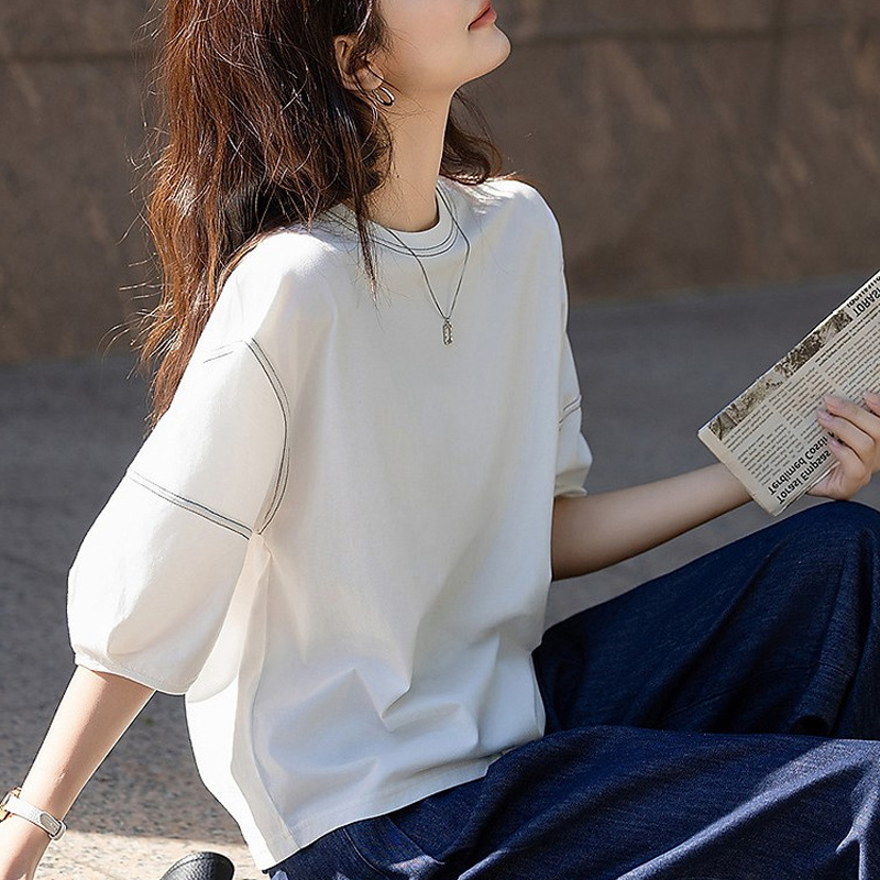 七分短袖真丝T恤女士夏季圆领休闲宽松灯笼袖上衣时尚气质真丝T恤
