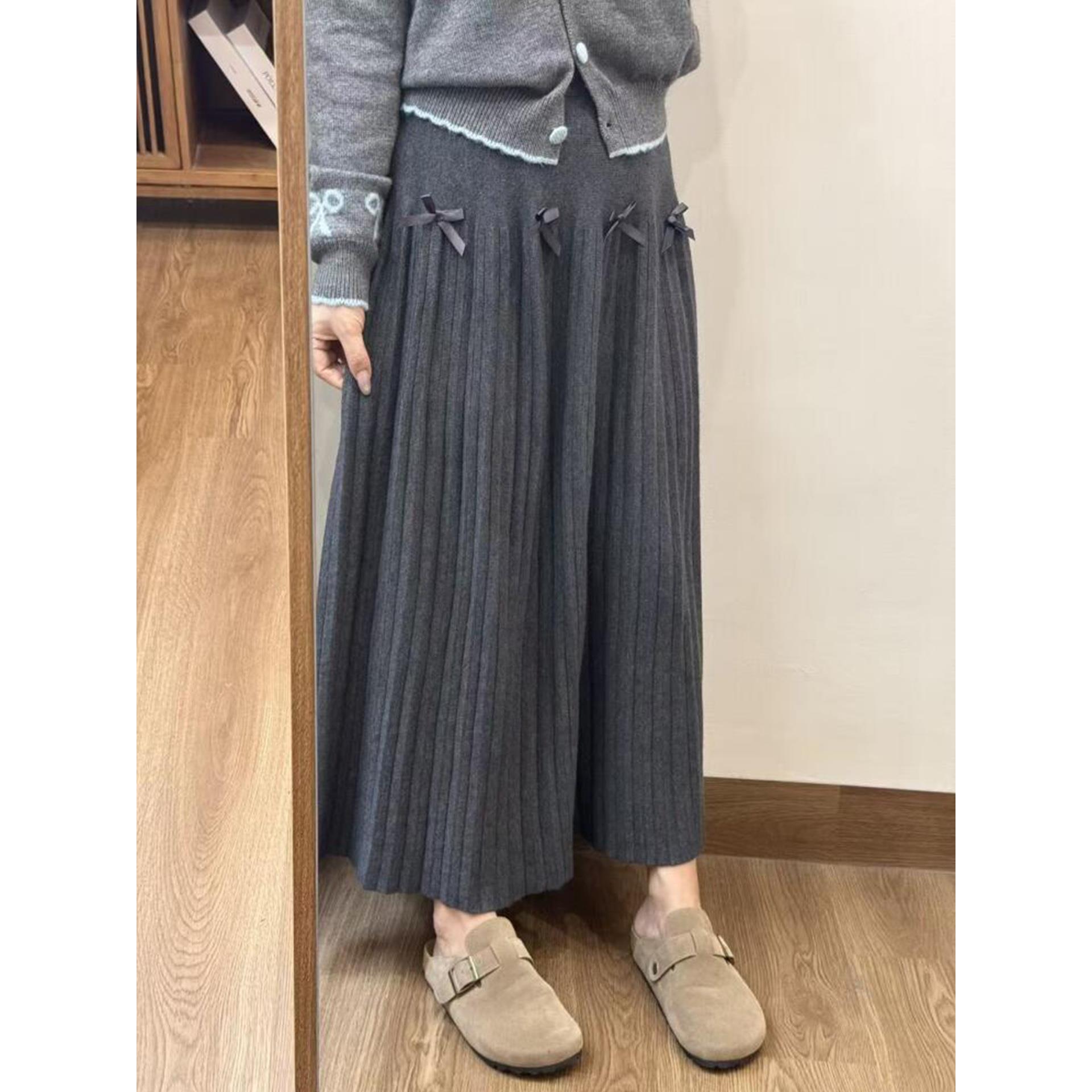 软糯羊绒针织百褶裙女秋冬中长款灰色高腰A字半身裙垂感毛线半裙