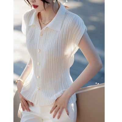 真丝白色短袖衬衫女夏季款高级感条纹独特桑蚕丝轻奢简约百搭上衣