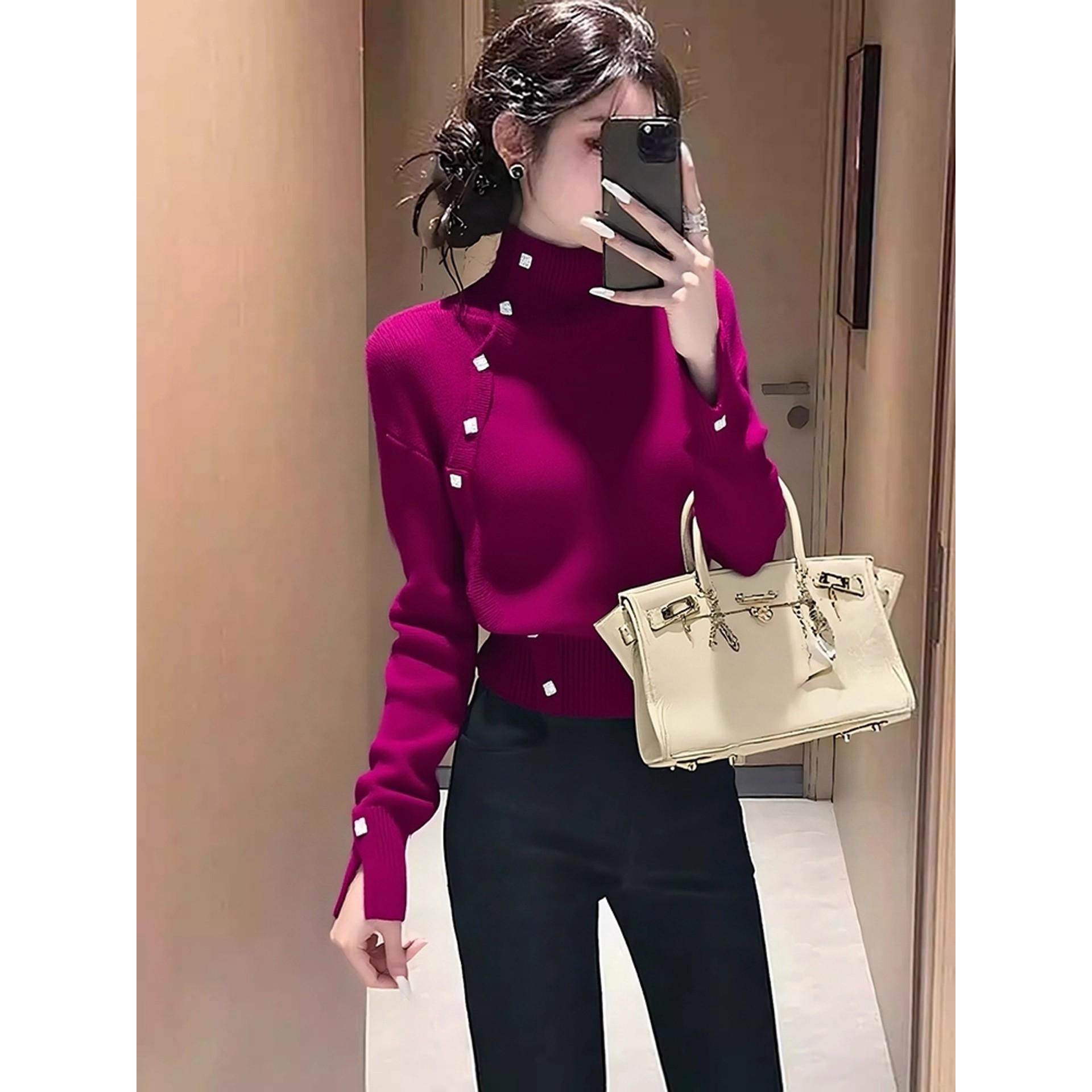 法式轻熟风玫紫色高领毛衣女秋冬高级羊绒洋气针织衫别致独特上衣