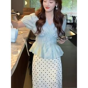 新款 法式 女夏季 真丝短袖 设计感V领收腰百搭甜美显瘦减龄上衣 衬衫