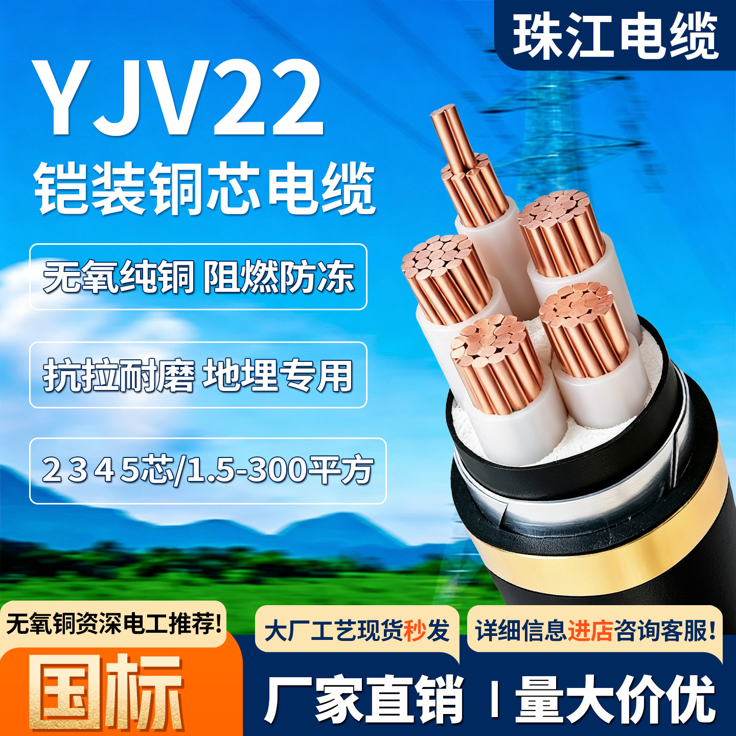 珠江电缆国标YJV22铠装铜芯电线2 3 4 5芯10 16 50 300平方工程线