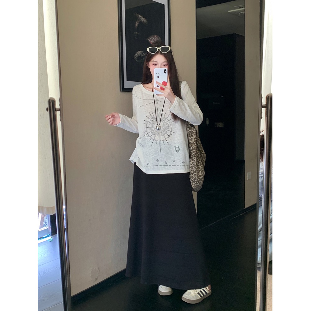 T恤女装韩系秋季慵懒上衣休闲新款印花长袖小吉家设计感宽松大码