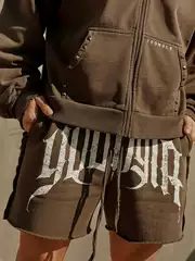YOUNGLA Heavyweight Washed Denim-Style Lounge Shorts for Men with Retro Large Letter Print, Streetwear Casual Shorts