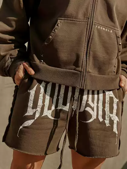 Youngla Heavyweight Men's Shorts – Distressed Reverse-Style Oversized Letter Print Casual Streetwear Shorts