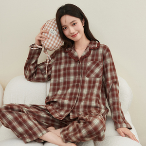 顶瓜瓜女士全棉梭织格纹睡衣套装