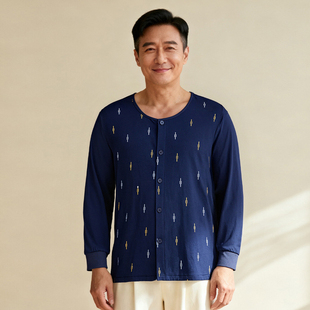 圆领保暖春秋夏打底衫 开襟长袖 中年简约 纯棉睡衣上装 顶瓜瓜男士