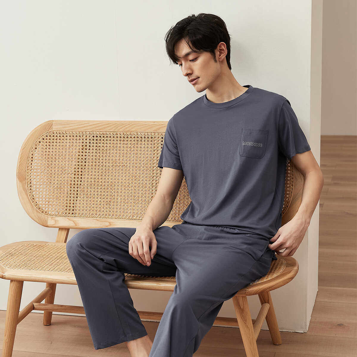 顶瓜瓜100%棉男士家居服套装短袖长裤睡衣纯棉薄款透气可外穿夏季