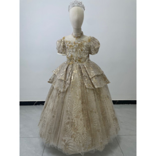 出租女童金色连衣裙钢琴比赛礼服演奏表演主持声乐走秀生日礼服