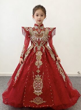 出租儿童新中式国潮春节元旦主持女孩红色公主裙华夏走秀礼服