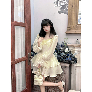 小个子甜美杏色长袖连衣裙女温柔风超仙公主裙茶歇奶系初恋蓬蓬裙