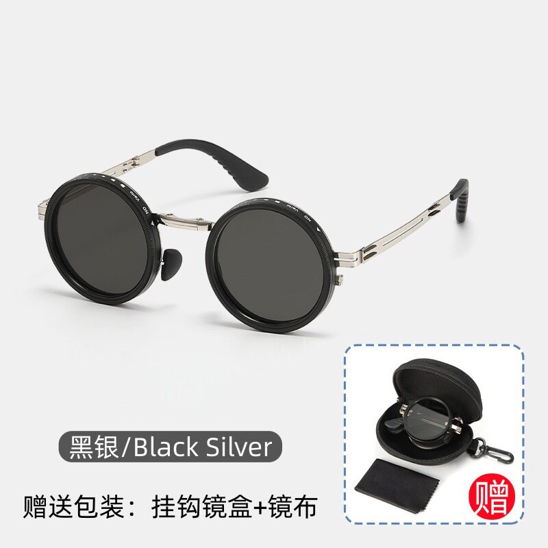 新款ND9档调减光折叠圆形复古墨镜手动旋转偏光朋克便携太阳镜