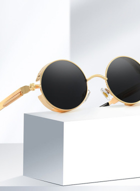 蒸汽朋克金属太阳镜复古金属框墨镜圆厚边框弹簧镜腿太阳镜厚圈