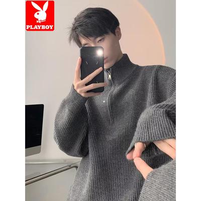 花花公子高领毛衣男款秋冬季半拉链潮牌宽松慵懒风纯色打底针织衫