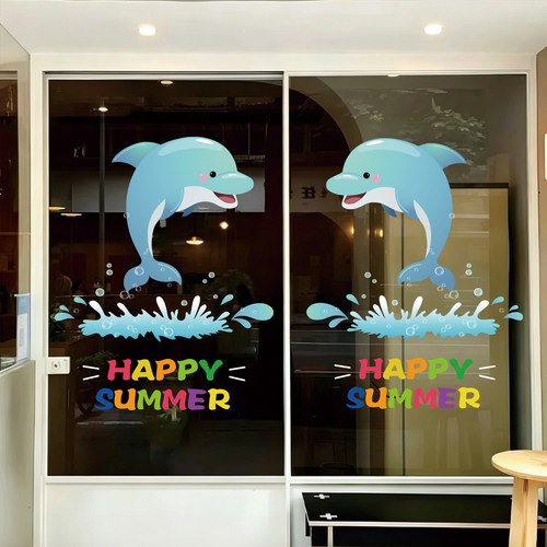 SUMMER玻璃门贴门店商场门店海豚海浪橱窗装饰静电玻璃贴画