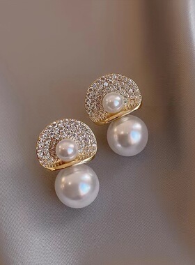 s925银针韩国时尚简约大珍珠镶钻气质小众轻奢设计感耳钉耳饰