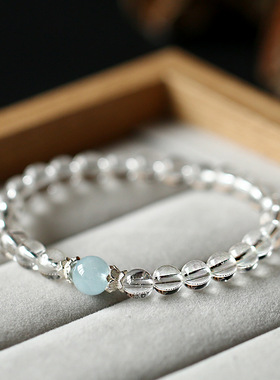 白水晶海蓝宝S925纯银配饰手链