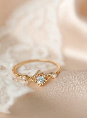 《夏至蔚蓝》日系精品小清新高仿天然珍珠天空蓝仿托帕石轻奢戒指