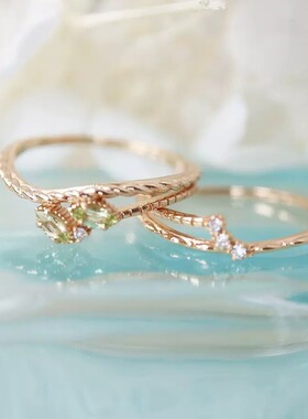 日本nojess春季新款小清新双叶橄榄石叠戴树叶 同款锆石轻奢戒指