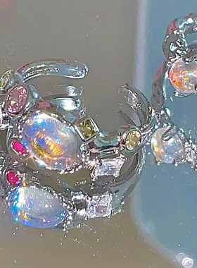 泫雅同款欧泊月光石彩宝锆石粉钻戒指女ins 熔岩石小众设计高级感