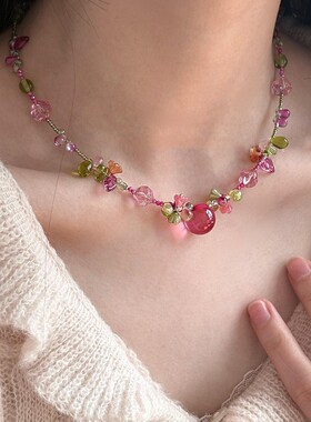 「乌梅子酱」韩系甜美水滴珠项链女夏日玫红设计感水果串珠锁骨链