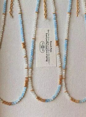 新中式天然海蓝宝天河石串珠白水晶项链女新款夏季彩色锁骨链颈链