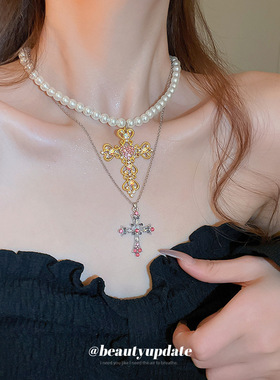 y2k叠戴风爱心十字架吊坠项链甜酷辣妹风锁骨链ins风小众时尚饰品