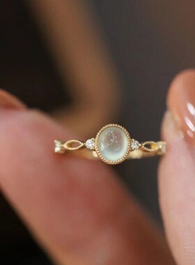 网红直播新款仿真冰种天然玉髓镶小钻露珠开口戒指女轻奢简约指环
