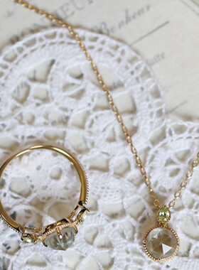 ist.雾霭森绿大颗粒宝石感仿绿紫晶天然橄榄石轻奢锁骨链百搭戒指