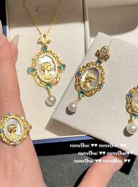 古巴比伦女神贝母宝石项链织纹雕金镀18k金 蜂巢女神锆石珍珠