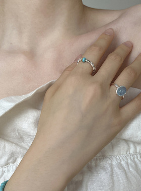 海蓝宝水晶磨砂素圈碎银子开口戒指女简约风个性时尚弹力指环新款