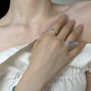 海蓝宝水晶磨砂素圈碎银子开口戒指女简约风个性时尚弹力指环新款