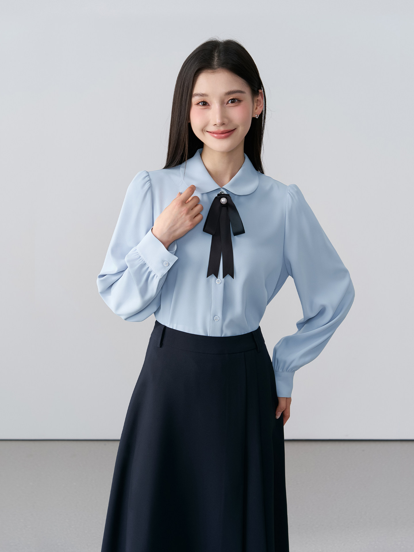 伯德小姐蓝色蝴蝶结衬衫女面试正装答辩穿搭上衣职业通勤雪纺衬衣