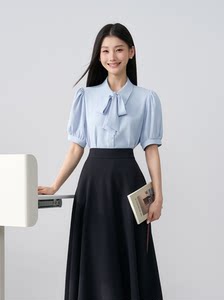 伯德小姐蓝色短袖衬衫女夏教师穿搭通勤雪纺上衣正装面试职业衬衣