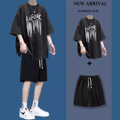 休闲运动短裤套装男夏薄款五分袖