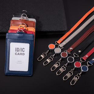 真皮金属易拉扣工作证件卡套多功能安全门禁身份交通银行饭卡学生可爱牛皮挂绳伸缩扣厂牌保护套员工工牌定制