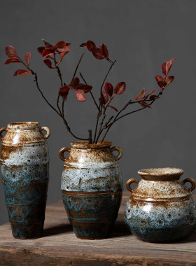 景德镇仿古做旧水培瓷器博古架粗陶艺术陶瓷花瓶摆件轻奢家居装饰