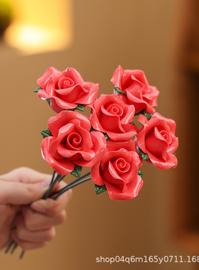 景德镇陶瓷灵动玫瑰手捏花工艺传统工艺永生花仿真装饰插花摆件
