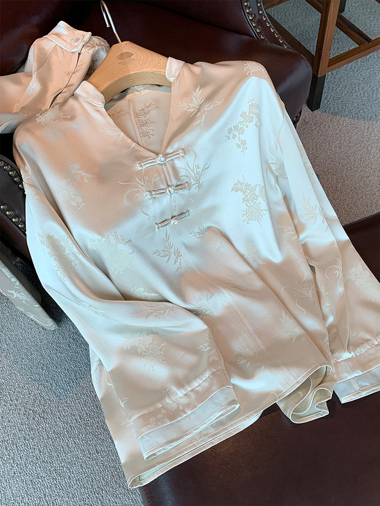 重磅醋酸新中式上衣+长裤套装女春古典提花轻国风两件套