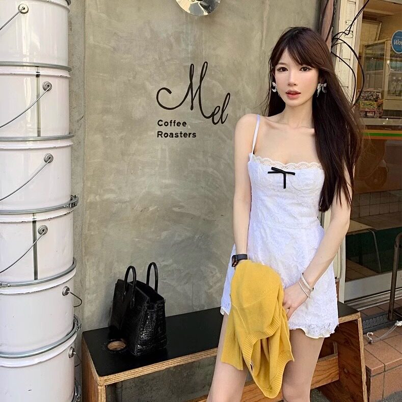 【现货】京都记忆白色纯欲少女蕾丝蝴蝶结连衣裙连体裤A字短裙子